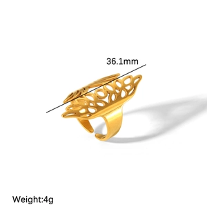 Anello aperto vintage in acciaio inossidabile placcato oro 18K, foglia traforata, peso 4 grammi