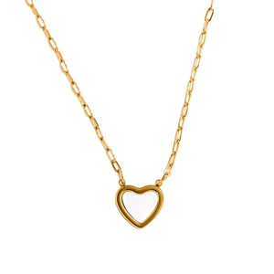 Collana elegante in acciaio al titanio dorato con ciondolo a cuore bianco in stile minimal