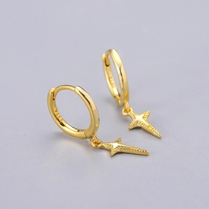 Macro view of gold S925 sterling silver hoop earrings with textured star pendant