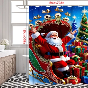 Tenda da doccia natalizia con Babbo Natale sulla slitta e motivi festivi multicolore