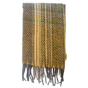 Detail view of woven winter scarf with gradient yellow and grey plaid pattern and fringes