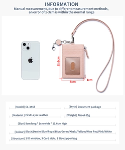 Detailed size guide of pink leather ID card holder with retractable lanyard and zipper