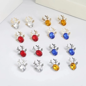 Christmas reindeer stud earrings with colorful faceted crystals and golden antlers