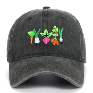 Macro detail of colorful vegetable embroidery on washed grey vintage cotton baseball cap