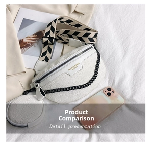 Detailed view of white embossed belt bag with wide geometric strap and round coin purse
