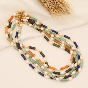 Natural Stone Artificial Pearl Beaded Necklace Stainless Steel Bamboo Tube Clavicle Chain Bohemian Jewelry For Women