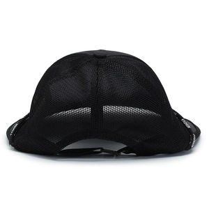 Detail view of the breathable black mesh back and adjustable strap on the baseball cap