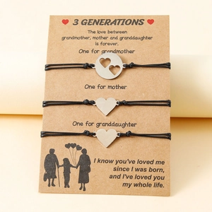 Three-piece family bracelet set for three generations with heart charms and text card
