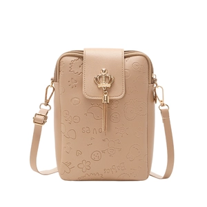 Beige PU leather crossbody phone bag with cartoon embossing and tassel detail