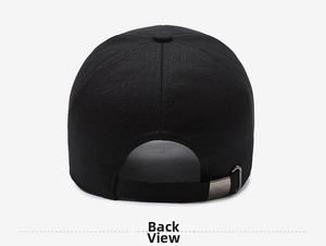 Rear view of black cotton baseball cap showing adjustable strap and metal buckle