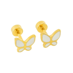 Detailed close-up of butterfly stud earrings with gold frame and white enamel inlay
