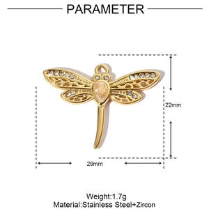 Detailed dimensions of a golden stainless steel dragonfly pendant with zircon inlay