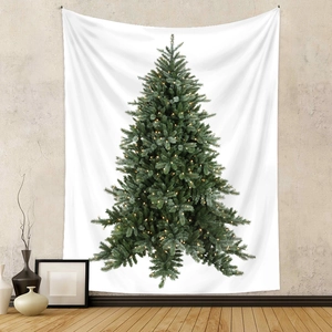 Arazzo da parete con albero di Natale bohémien e luci calde su sfondo bianco