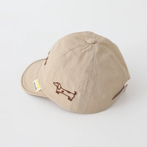 Toddler sun hat with dachshund embroidery and adjustable strap in light khaki color