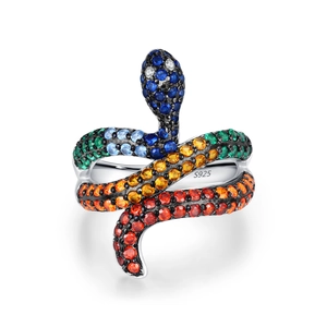 Vibrant S925 sterling silver snake open ring with multicolored gradient cubic zirconia