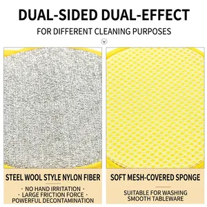 Dual-sided kitchen sponge with abrasive silver nylon fiber and soft yellow mesh layer