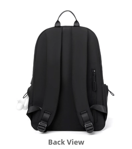 Rear view of black waterproof backpack showing ergonomic S-shaped straps and hidden pocket
