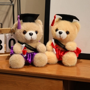 Abschluss-Teddybären mit Doktorhut und Talar auf einem Schreibtisch aus Holz präsentiert