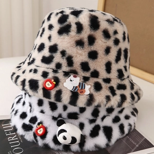 Winter plush leopard print bucket hat with cute bear and panda cartoon accessories