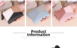Détail du design géométrique tricolore et du zip à pompon sur les petits portefeuilles