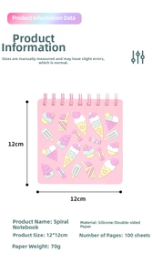 Detailed specs of the pink 12x12cm cartoon coil notebook with 100 sheets and 70g paper