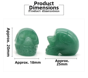 Detail showing 25mm green natural crystal skull dimensions with 1-inch size measurements
