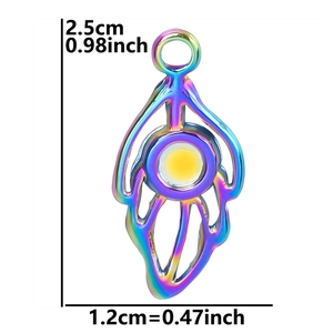 Macro detail of rainbow stainless steel leaf pendant showing 2.5cm size dimensions