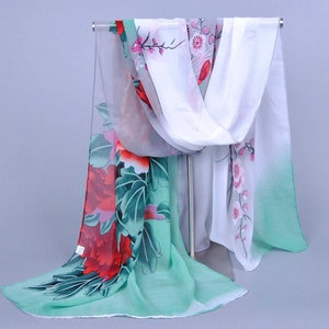 Lightweight green chiffon scarf featuring elegant red peony and pink plum flower patterns