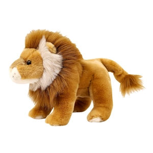 Peluche lion réaliste debout sur fond blanc avec une épaisse crinière marron
