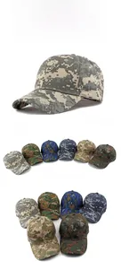 Detail view of structured cotton baseball caps in various digital camouflage patterns