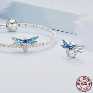 S925 sterling silver dragonfly bracelet with blue enamel wings and sparkling zircon