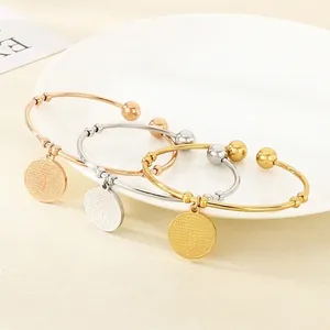 Stainless Steel Bangle Religious Cross Round Pendant Lord's Prayer Engraved Adjustable Open Bracelet Jewelry