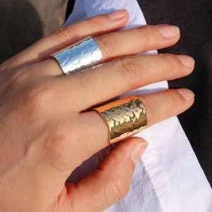 Wide Hammered Texture Brass Open Ring Adjustable Metal Lava Style Punk Unisex Minimalist Jewelry