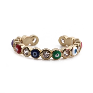 Adjustable golden evil eye ring with colorful enamel and sparkling zircon stones