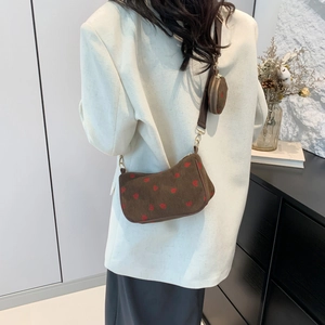 Brown corduroy shoulder bag with red strawberry pattern and matching coin purse