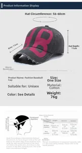 Size chart showing baseball cap dimensions with brim, circumference, and depth details