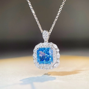 Luxurious S925 sterling silver necklace with square blue aquamarine and brilliant diamonds