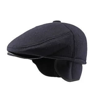 Deep purple wool ear-flap flat cap with textured fabric for autumn winter warmth