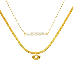 Double-layer 18K gold-plated necklace with white pearls and ginkgo leaf pendant