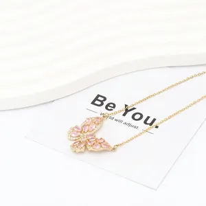 Elegant gold titanium steel butterfly necklace with pink marquise zircon stones