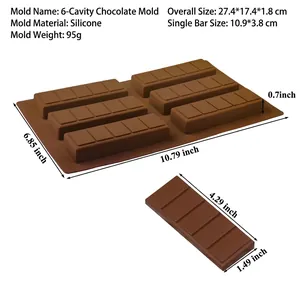 Detail view of 6-cavity brown silicone chocolate mold with precise size measurements