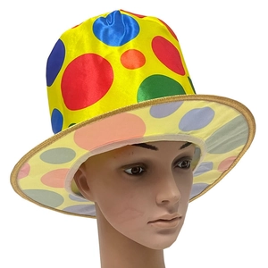 Tall clown party hat with colorful polka dots on yellow satin for festival costumes