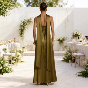Olive green satin backless maxi dress with halter neck and tie-back for evening parties