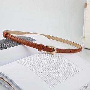 Slim brown leather belt with gold arrow buckle displayed on an open book background