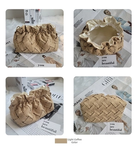 Detailed close-up of light brown woven clutch bag with large pearl charm and pleated closure