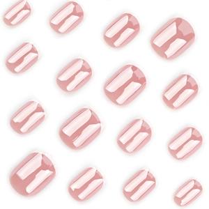 Classic French press-on nails with short round shape, nude pink base and white tips