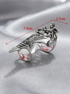 Detailed size specifications of silver gothic armor ring on silver silk background