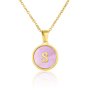 Gold stainless steel necklace with round pink shell pendant featuring letter S