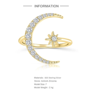 Macro view of S925 sterling silver moon and star open ring with AAAAA zirconias