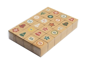 Detail view of 24 Kraft paper advent calendar boxes with numbers and festive patterns